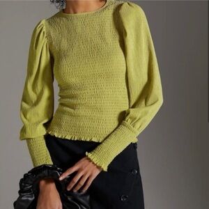 Anthropologie Lime Green Smocked Long-Sleeve Top